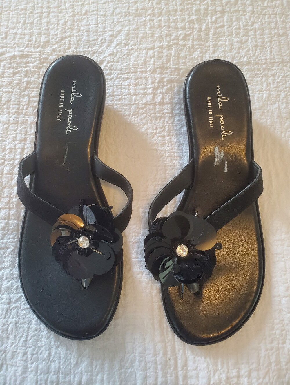 Mila Paoli Black Floral Toe-Post Thong Sandals with Flower Sequin Crystal Accent